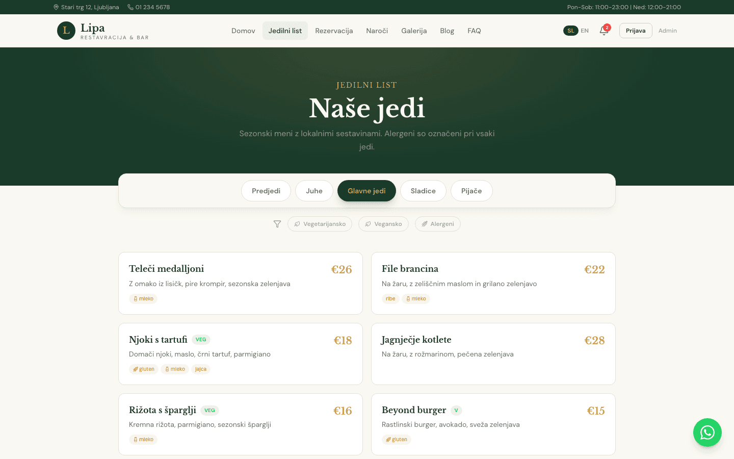 Jedilni list z alergeni